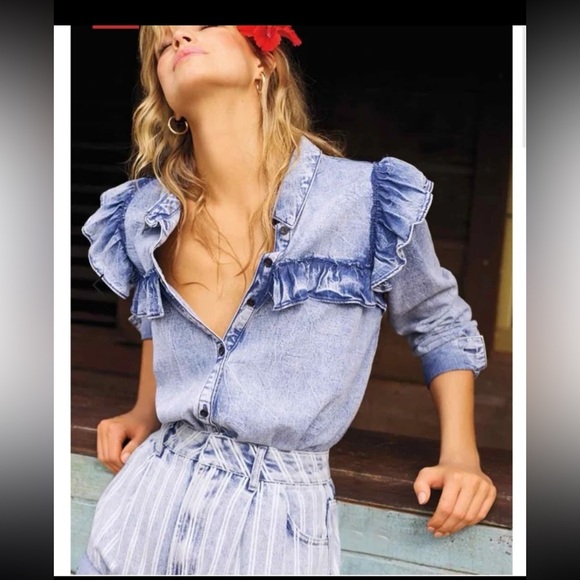 Free People Tops - Free People “Samantha Ruffle Buttondown” Denim Shirt
Size XS oversized